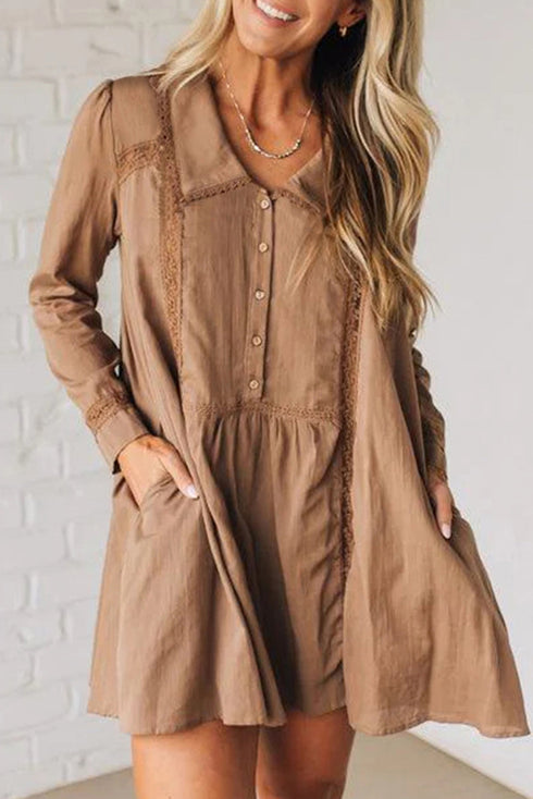 Lace Trim Peter Pan Collar Button Front Mini Dress